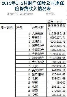 2015年前5月财产保险公司原保险保费排名表.xls