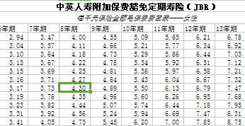 中英人寿附加保费豁免定期寿险B款条款费率表.rar