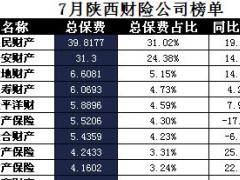 陕西省2017年前7月财险公司总保费排行榜.xls